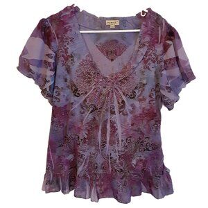 One World Blouse Size MEDIUM Pullover V-Neck Short Sleeve Ruffle Purple/Pink